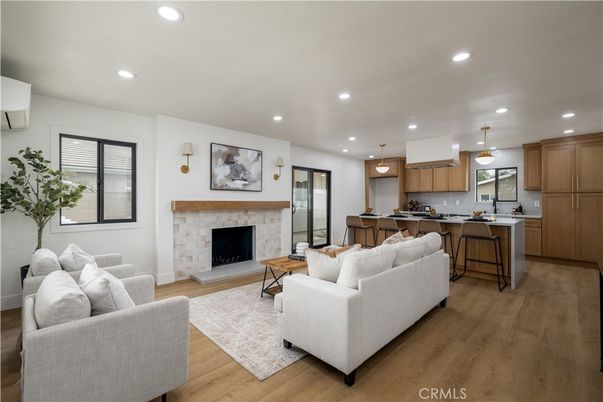 Fireplace, Interior, Kitchen, Living room, Pendant Lights, Recessed Lighting, Wood Texture Flooring