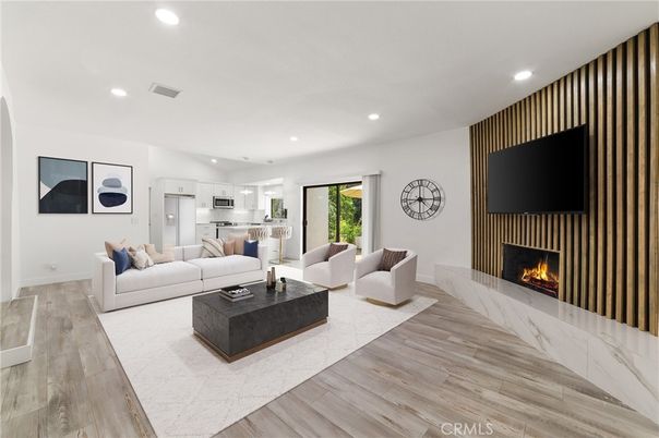 Fireplace, Interior, Kitchen, Living room, Recessed Lighting, Stainless Steel Appliances, Wood Texture Flooring