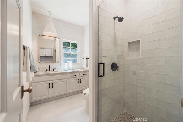 Bathroom, Dual Sink Vanities, Glass Shower, Interior, Pendant Lights