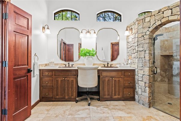 Bathroom, Dual Sink Vanities, Glass Shower, Interior, Stone Walls