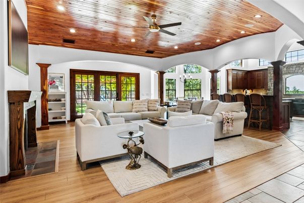 Fireplace, Interior, Living room, Recessed Lighting, Wooden Ceilings, Wood Texture Flooring