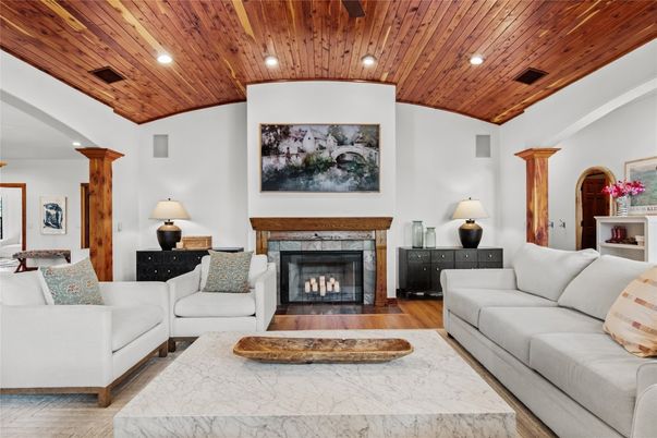 Fireplace, Interior, Living room, Recessed Lighting, Wooden Ceilings, Wood Texture Flooring