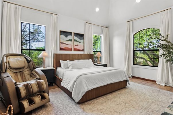 Bedroom, Interior, Recessed Lighting, Wood Texture Flooring