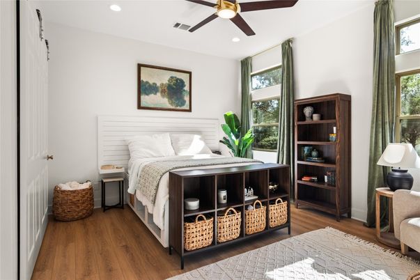 Bedroom, Interior, Recessed Lighting, Wood Texture Flooring