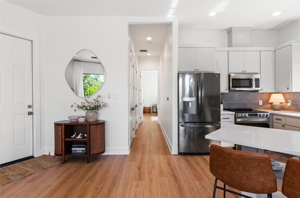 Interior, Kitchen, Recessed Lighting, Stainless Steel Appliances, Wood Texture Flooring
