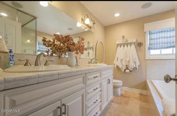 Bathroom, Dual Sink Vanities, Interior, Recessed Lighting, Tile Countertops