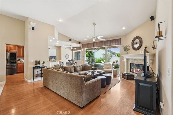 Dining room, Fireplace, Interior, Kitchen, Living room, Recessed Lighting, Wood Texture Flooring