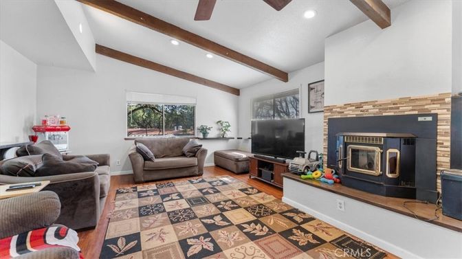 Fireplace, Interior, Living room, Recessed Lighting, Wooden Beams, Wood Texture Flooring