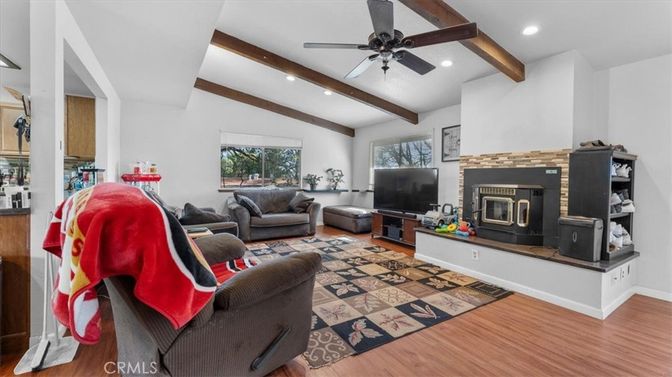 Fireplace, Interior, Living room, Recessed Lighting, Wooden Beams, Wood Texture Flooring