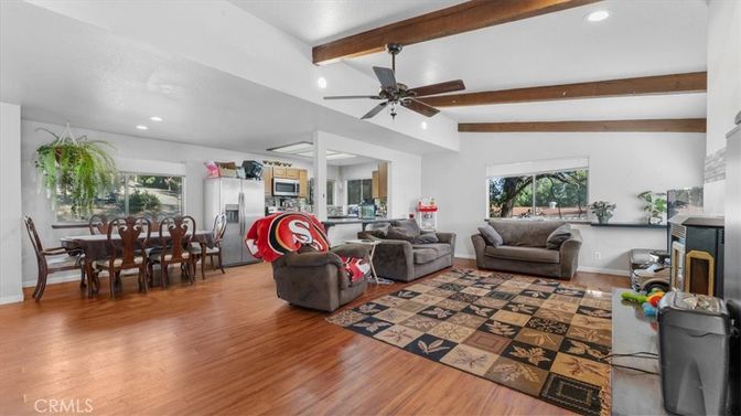 Dining room, Interior, Living room, Recessed Lighting, Wooden Beams, Wood Texture Flooring