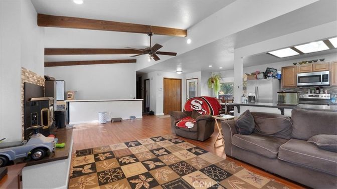 Interior, Kitchen, Living room, Recessed Lighting, Stainless Steel Appliances, Wooden Beams, Wood Texture Flooring