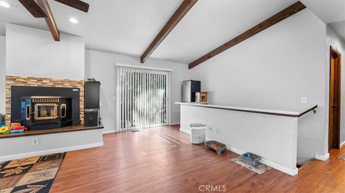 Fireplace, Interior, Recessed Lighting, Wooden Beams, Wood Texture Flooring