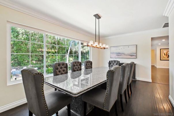 Dining room, Interior, Pendant Lights, Recessed Lighting, Wood Texture Flooring
