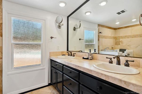 Bathroom, Dual Sink Vanities, Interior, Recessed Lighting, Tile Countertops