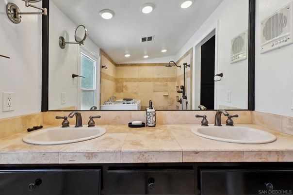 Bathroom, Dual Sink Vanities, Interior, Recessed Lighting, Tile Countertops