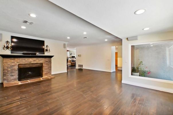 Empty room, Fireplace, Interior, Recessed Lighting, Wood Texture Flooring