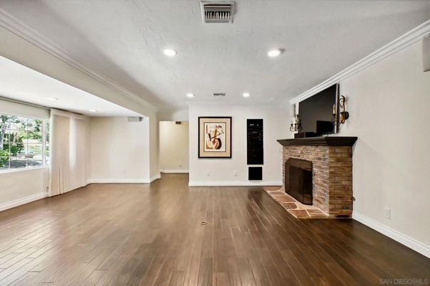 Empty room, Fireplace, Interior, Recessed Lighting, Wood Texture Flooring
