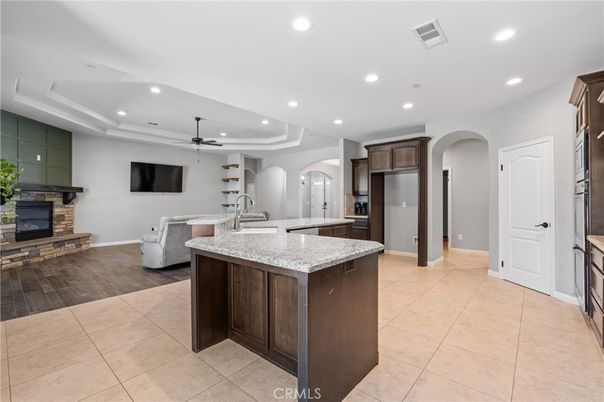 Fireplace, Interior, Kitchen, Living room, Recessed Lighting