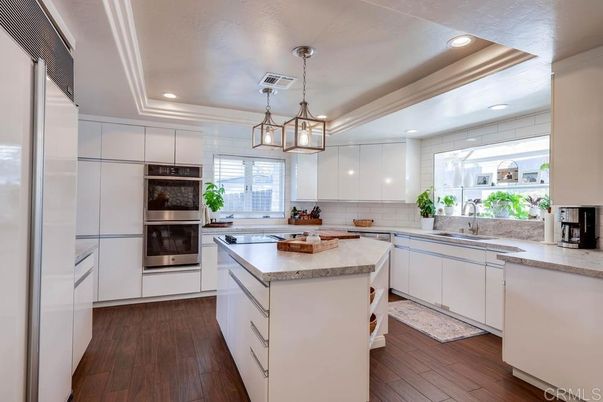 Interior, Kitchen, Pendant Lights, Recessed Lighting, Stainless Steel Appliances, Wood Texture Flooring