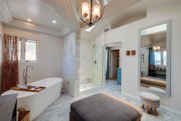 Bathroom, Chandelier, Free Standing Baths, Glass Shower, Interior, Recessed Lighting