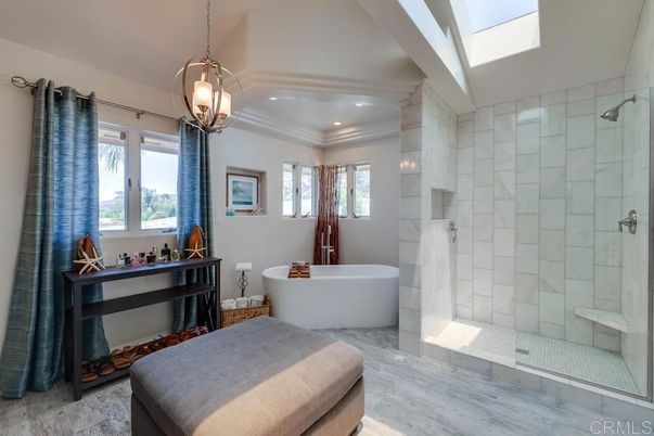 Bathroom, Free Standing Baths, Glass Shower, Interior, Marble, Pendant Lights, Recessed Lighting