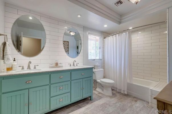Bathroom, Dual Sink Vanities, Interior, Recessed Lighting, Wood Texture Flooring