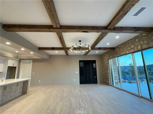 Empty room, Interior, Recessed Lighting, Stone Walls, Wooden Beams, Wood Texture Flooring