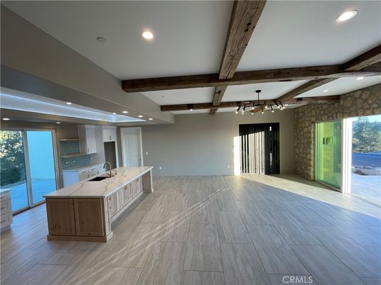 Interior, Kitchen, Recessed Lighting, Stone Walls, Water, Wooden Beams, Wood Texture Flooring