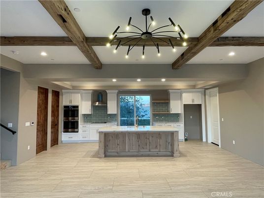 Chandelier, Interior, Kitchen, Pendant Lights, Recessed Lighting, Stainless Steel Appliances, Wooden Beams