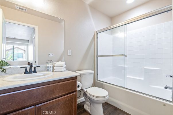 Bathroom, Glass Shower, Interior, Recessed Lighting, Wood Texture Flooring