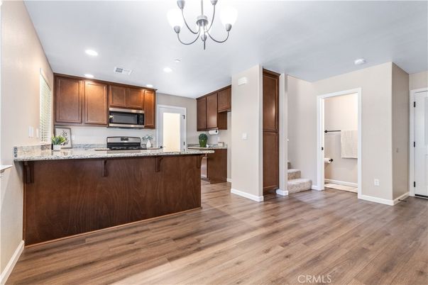 Chandelier, Interior, Kitchen, Recessed Lighting, Wood Texture Flooring