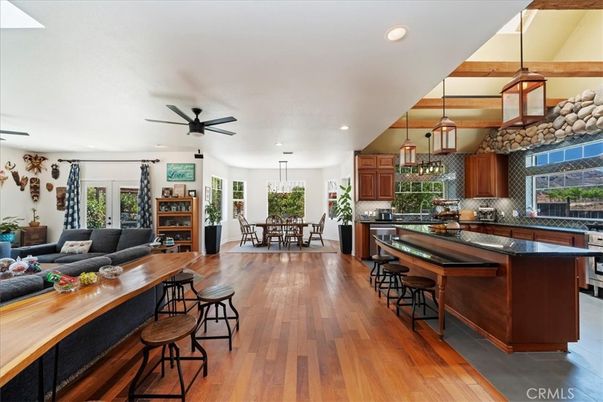 Chandelier, Dining room, Interior, Kitchen, Living room, Pendant Lights, Recessed Lighting, Wood Texture Flooring