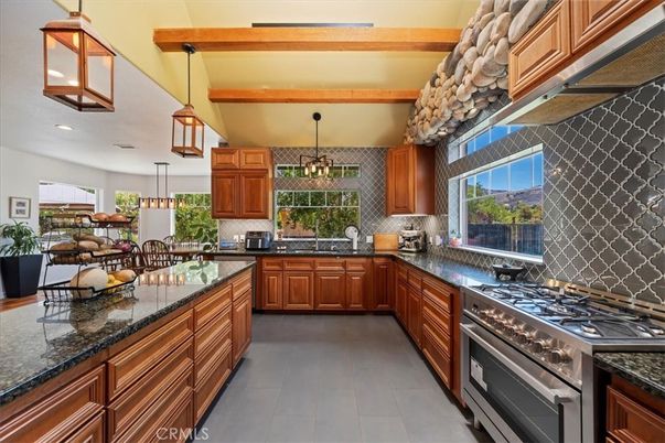Interior, Kitchen, Pendant Lights, Recessed Lighting, Stainless Steel Appliances, Wooden Beams
