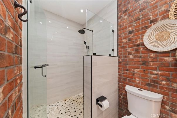Bathroom, Glass Shower, Interior, Recessed Lighting, Stone Walls