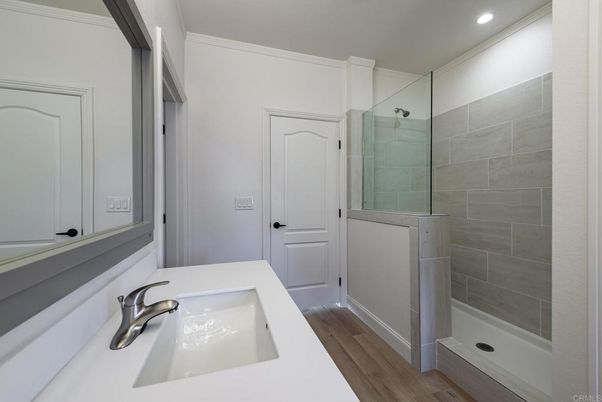 Bathroom, Glass Shower, Interior, Recessed Lighting, Wood Texture Flooring