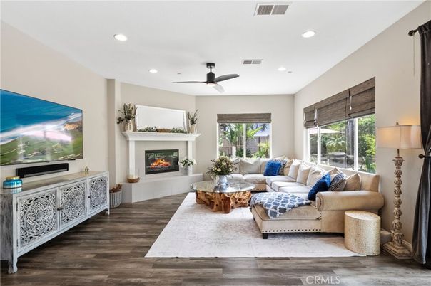 Fireplace, Interior, Living room, Recessed Lighting, Wood Texture Flooring