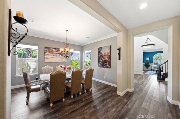 Chandelier, Dining room, Interior, Pendant Lights, Recessed Lighting, Wood Texture Flooring