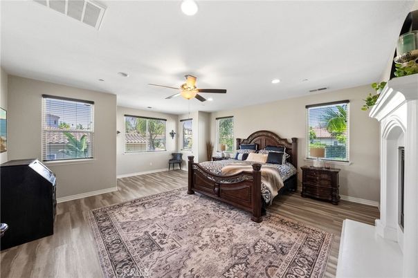 Bedroom, Fireplace, Interior, Recessed Lighting, Wood Texture Flooring