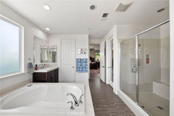 Bathroom, Glass Shower, Interior, Recessed Lighting, Wood Texture Flooring