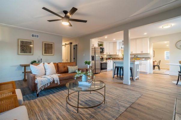 Interior, Kitchen, Living room, Recessed Lighting, Stainless Steel Appliances, Wood Texture Flooring
