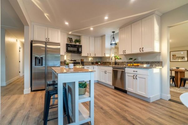 Interior, Kitchen, Recessed Lighting, Stainless Steel Appliances, Wood Texture Flooring