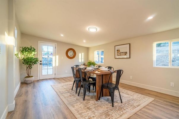 Dining room, Interior, Recessed Lighting, Wood Texture Flooring