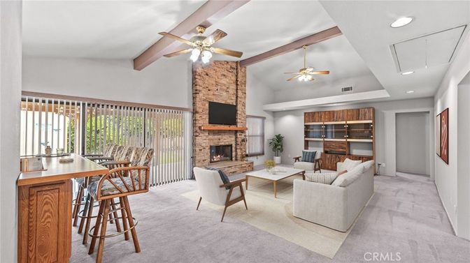 Fireplace, Interior, Living room, Recessed Lighting, Stone Walls