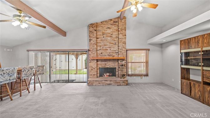 Empty room, Fireplace, Interior, Recessed Lighting, Stone Walls, Wooden Beams