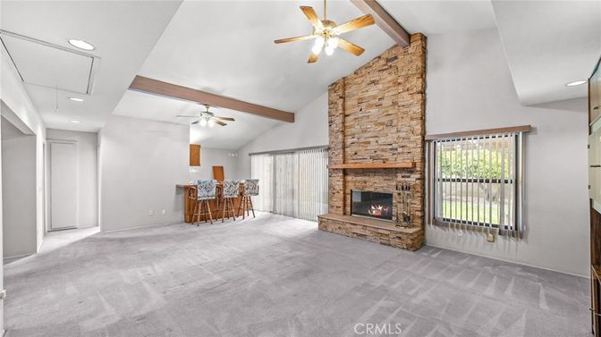 Empty room, Fireplace, Interior, Recessed Lighting, Stone Walls, Wooden Beams