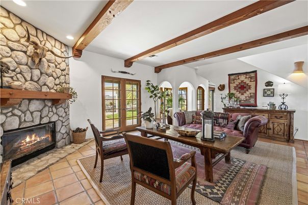 Dining room, Fireplace, Interior, Recessed Lighting, Stone Walls, Wooden Beams