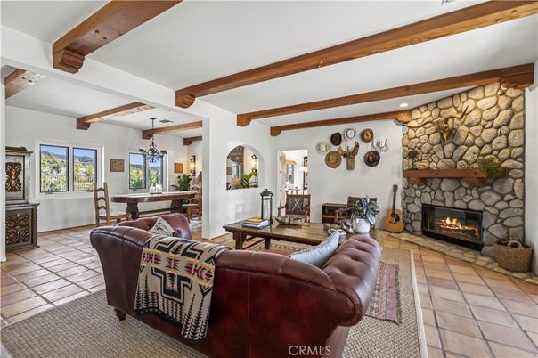 Dining room, Fireplace, Interior, Living room, Pendant Lights, Recessed Lighting, Stone Walls, Wooden Beams