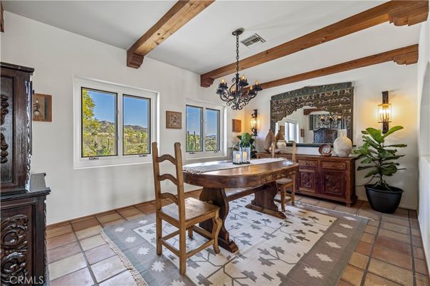 Chandelier, Dining room, Interior, Wooden Beams