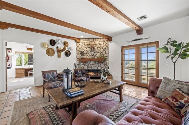 Fireplace, Interior, Living room, Recessed Lighting, Stone Walls, Wooden Beams