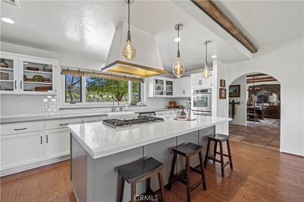 Interior, Kitchen, Pendant Lights, Recessed Lighting, Stainless Steel Appliances, Wooden Beams, Wood Texture Flooring